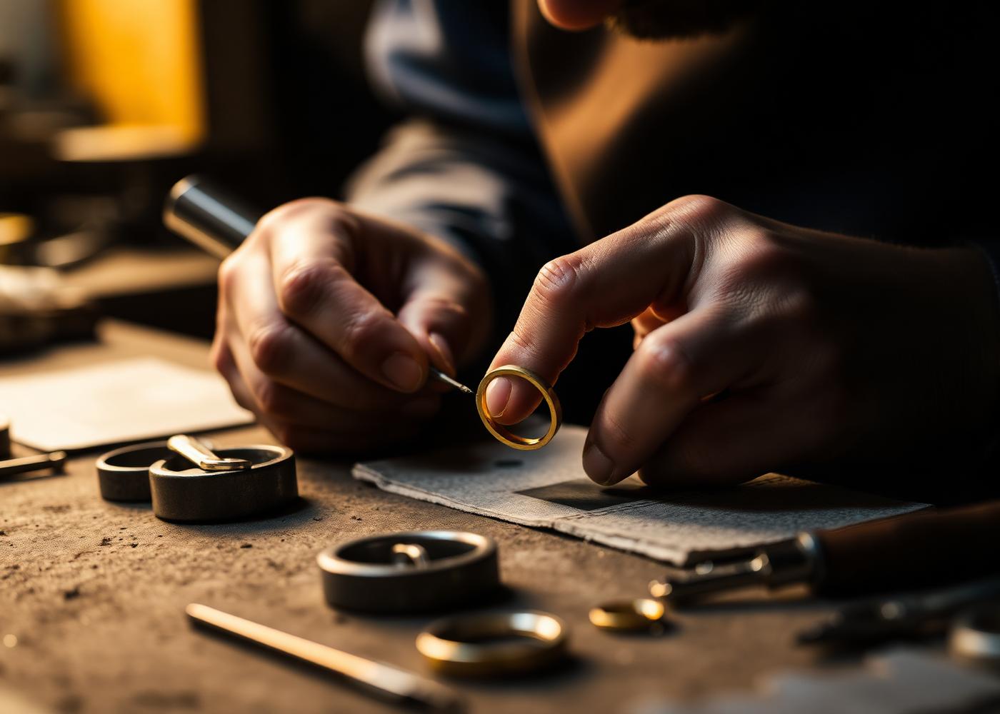 Jeweller finishing a gold ring at a workbench
