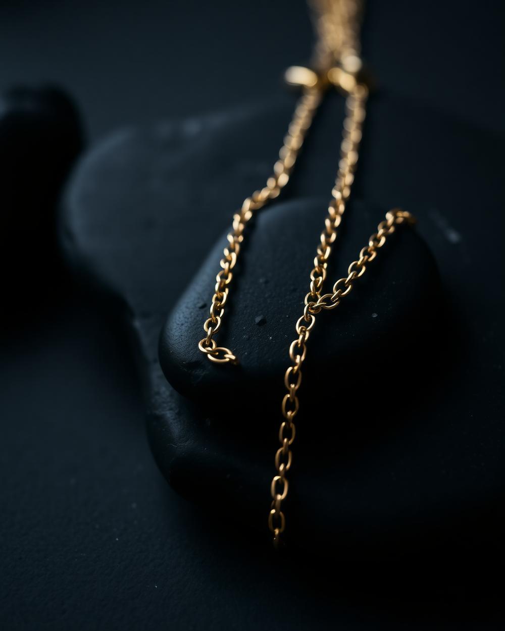 Fine gold chain necklace on dark stone