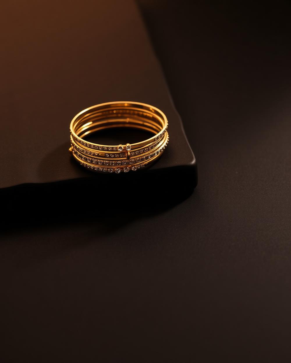 Stacked gold bangles on a dark surface